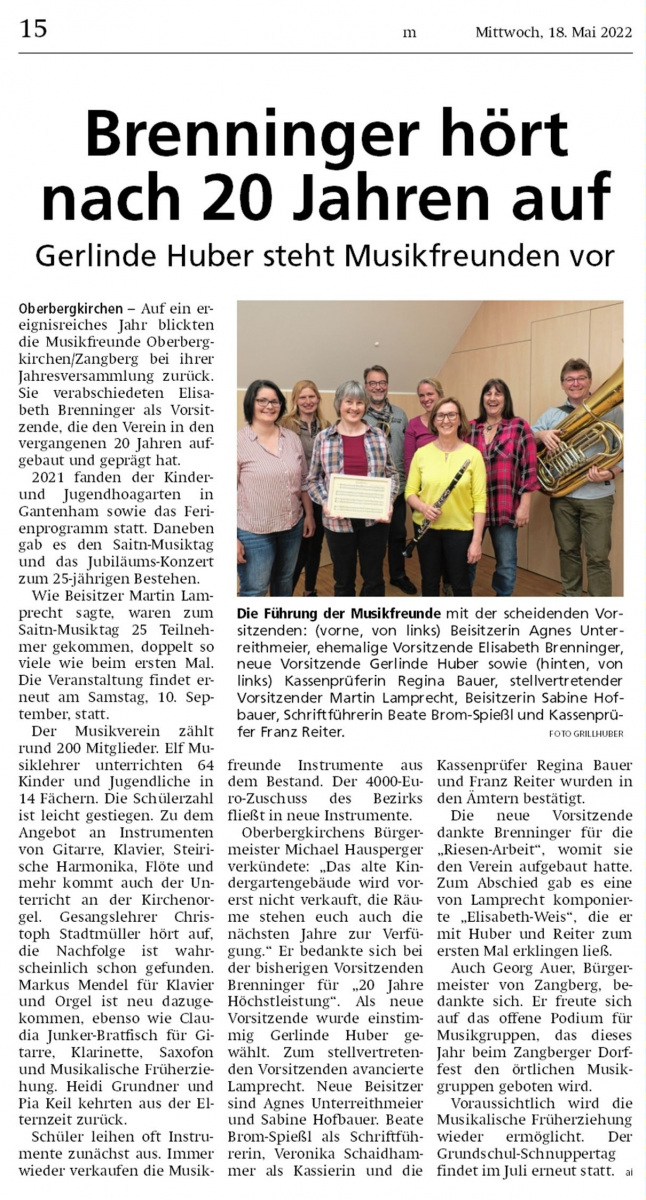 Jahreshauptversammlung Musikfreunde Oberbergkirchen-Zangberg 2. Mai 2022